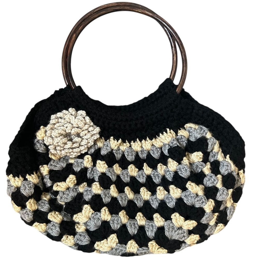 Hand Knit Tri-Color Hobo/Shoulder Bag with Flower and Round Wooden Handles